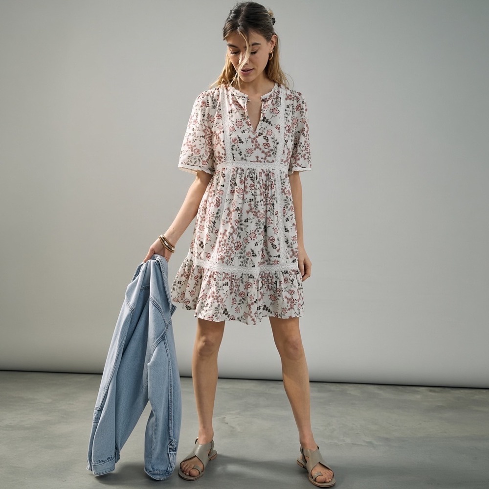 Anthropologie Lori Tunic Dress Small Floral Cotton Lace Trim Boho Mini White Red